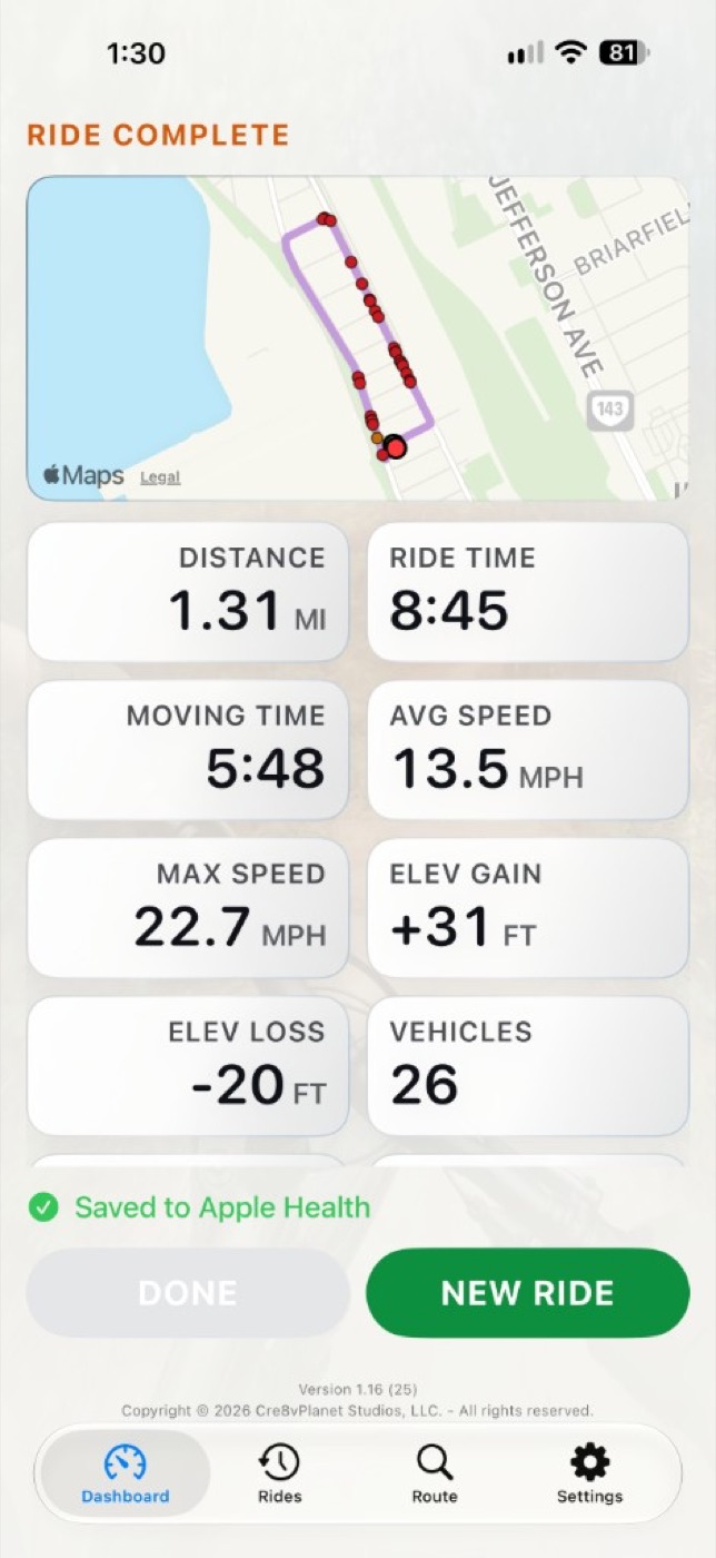 Ride complete summary with map, vehicles, and Apple Health