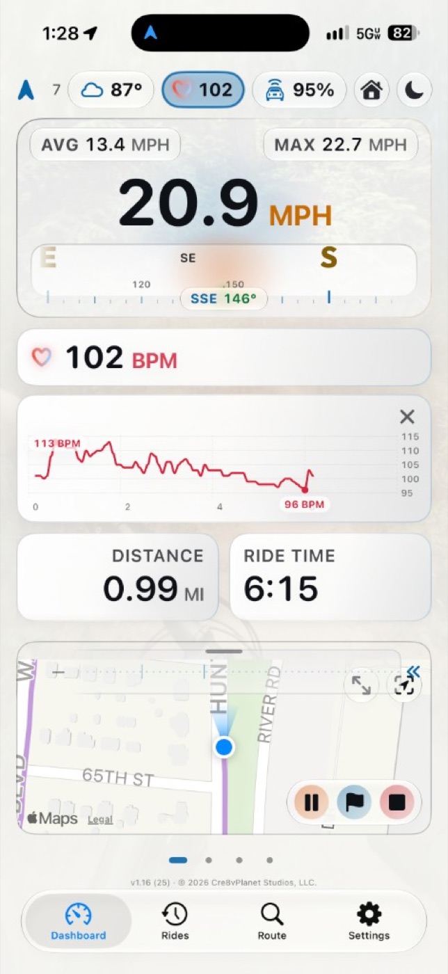 BigVelo daylight dashboard at 20.9 mph with heading tape, heart graph, and map