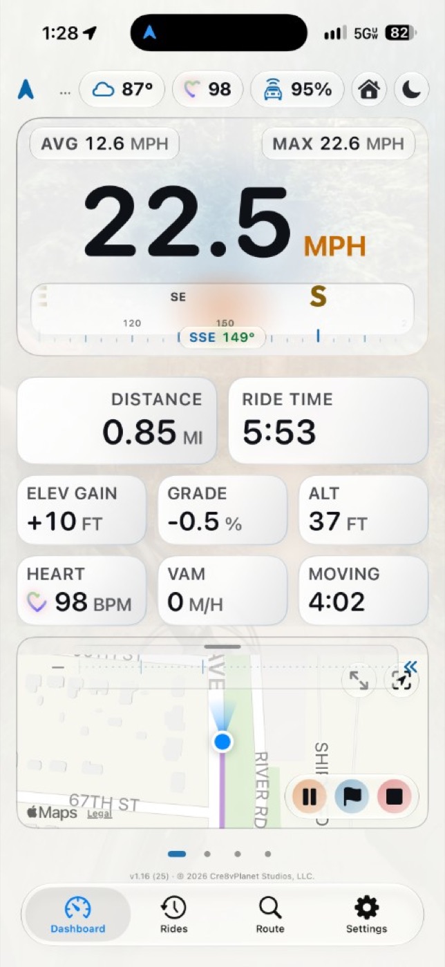 Daylight dashboard at 22.5 mph with heading and metrics