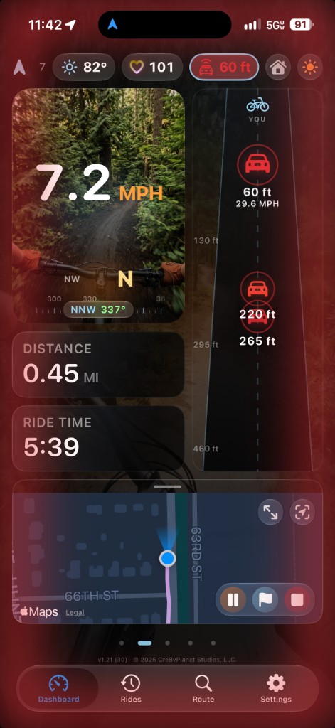 BigVelo dashboard with the rear radar tape live — cars at 60 feet and 220 feet, nearest closing at 29.6 mph