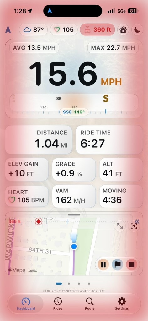 BigVelo daylight dashboard with radar tape at 360 feet and a red closing wash