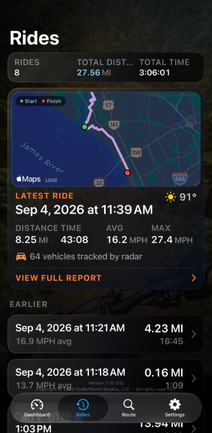 Rides list with latest ride map and 64 vehicles tracked by radar