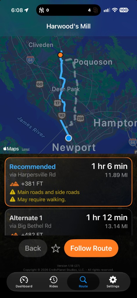 Ride To preview for Harwood's Mill with recommended and alternate Apple cycling routes