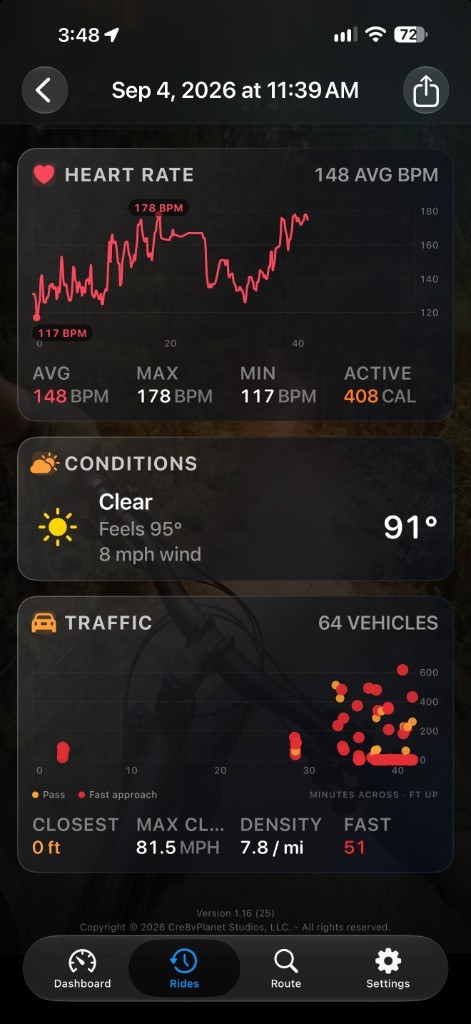 Ride story heart rate, conditions, and traffic passes