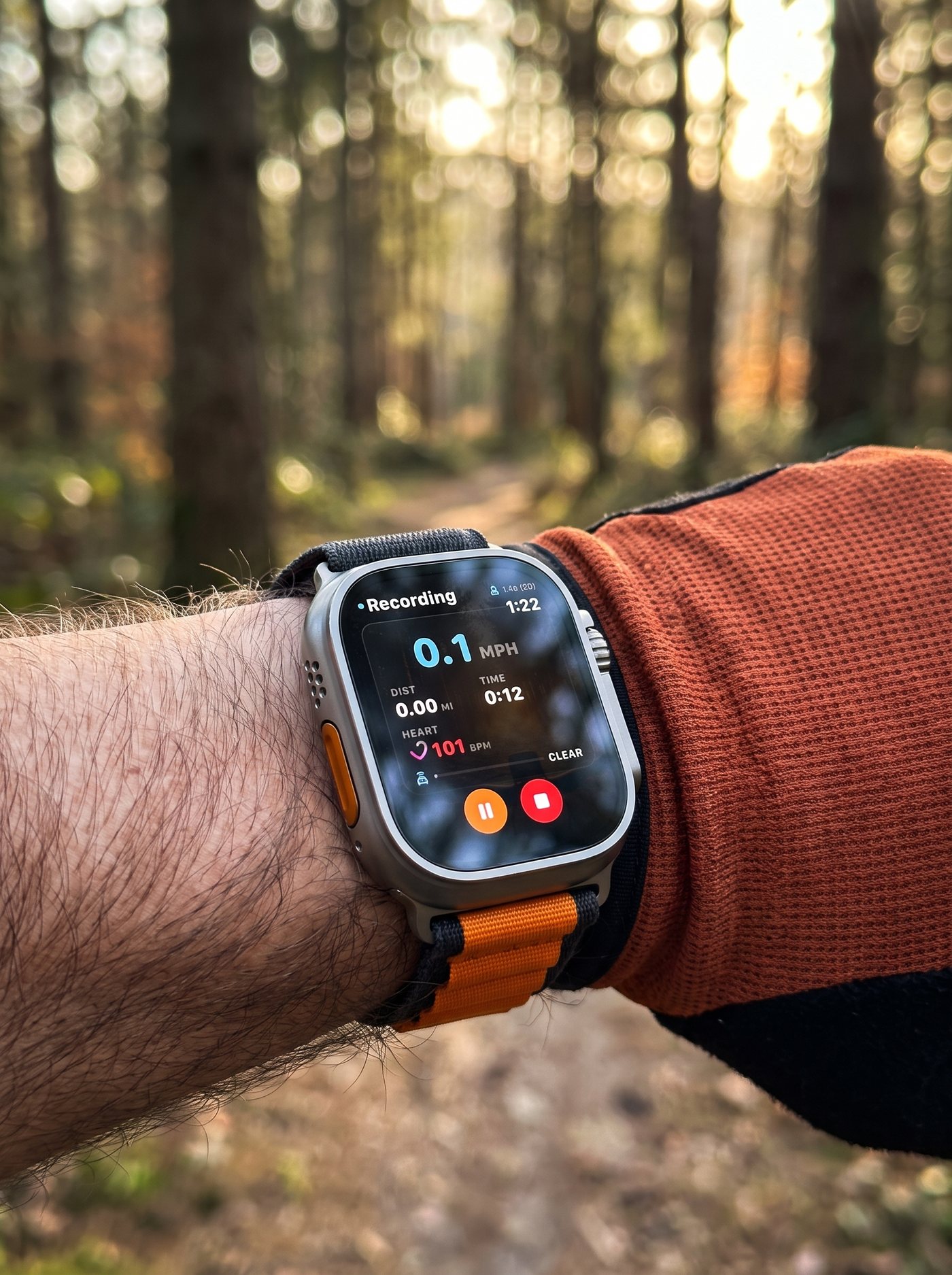 Apple Watch with BigVelo recording glance, heart rate, radar clear, pause and end